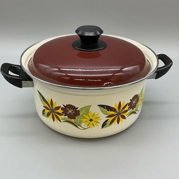 70s Floral Enamel Ware Dutch Oven Stock Pot Double Handle MCM - Picture 4 of 9